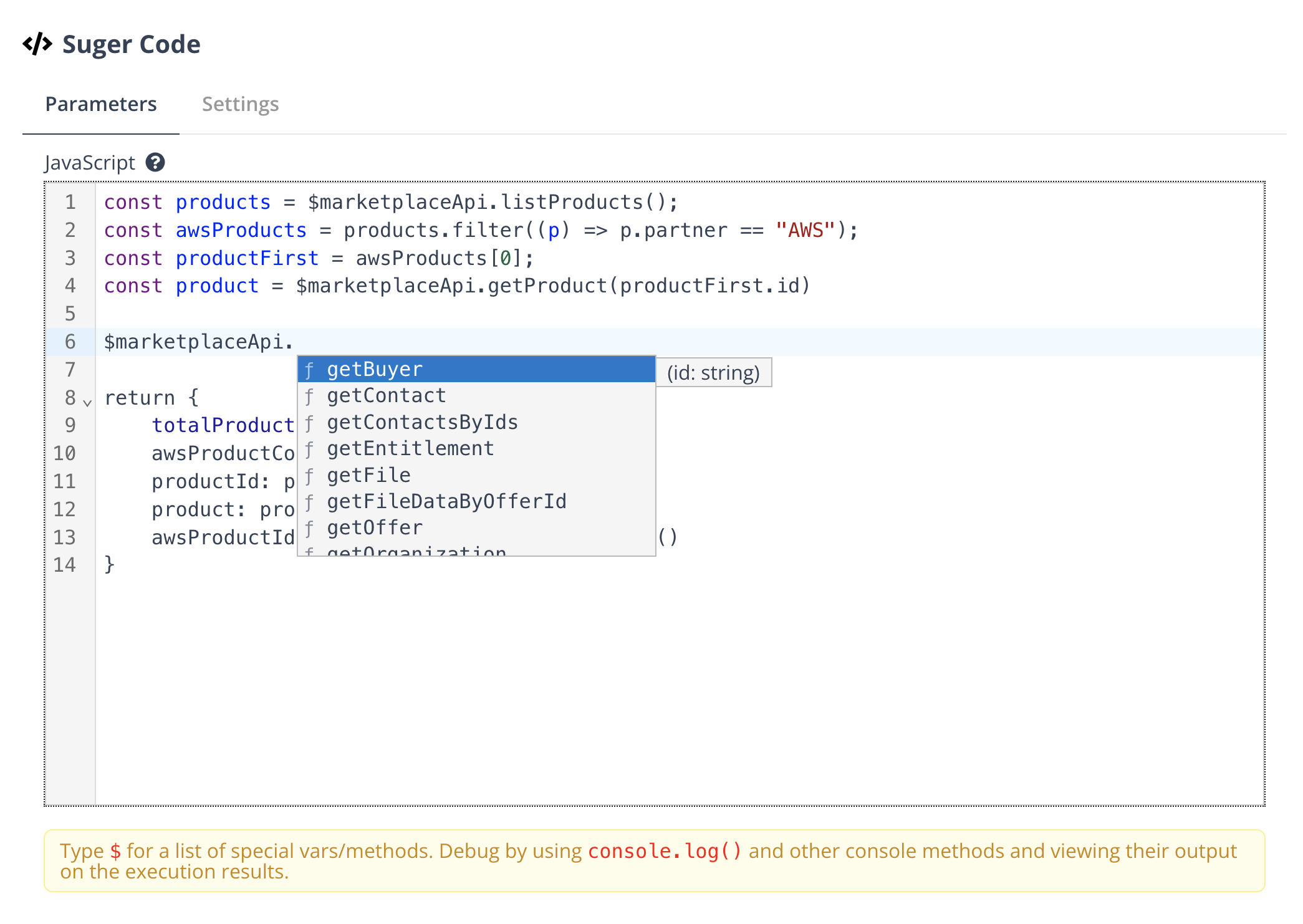 Auto-complete suggestions for Fours APIs in the code editor