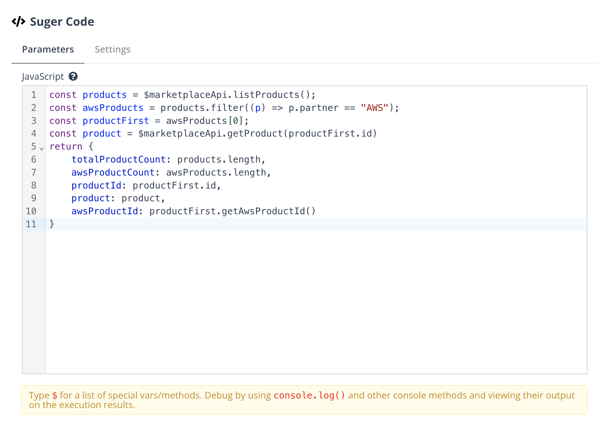 Fours Code JavaScript editor in a workflow step