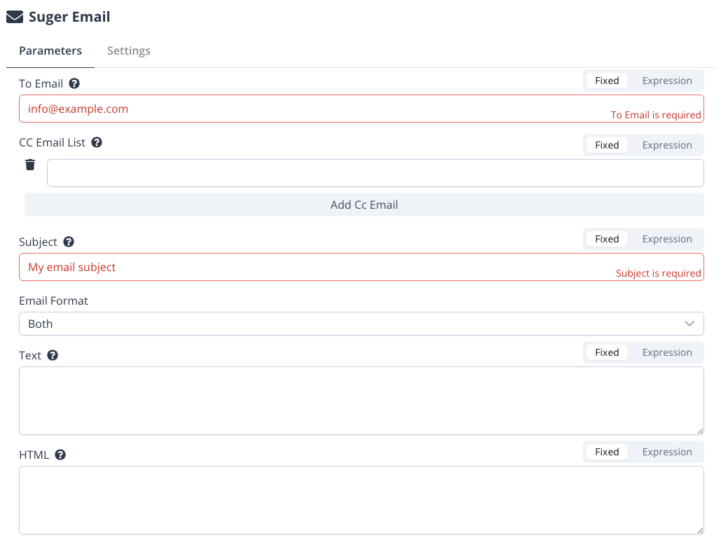 Fours Email node parameters panel