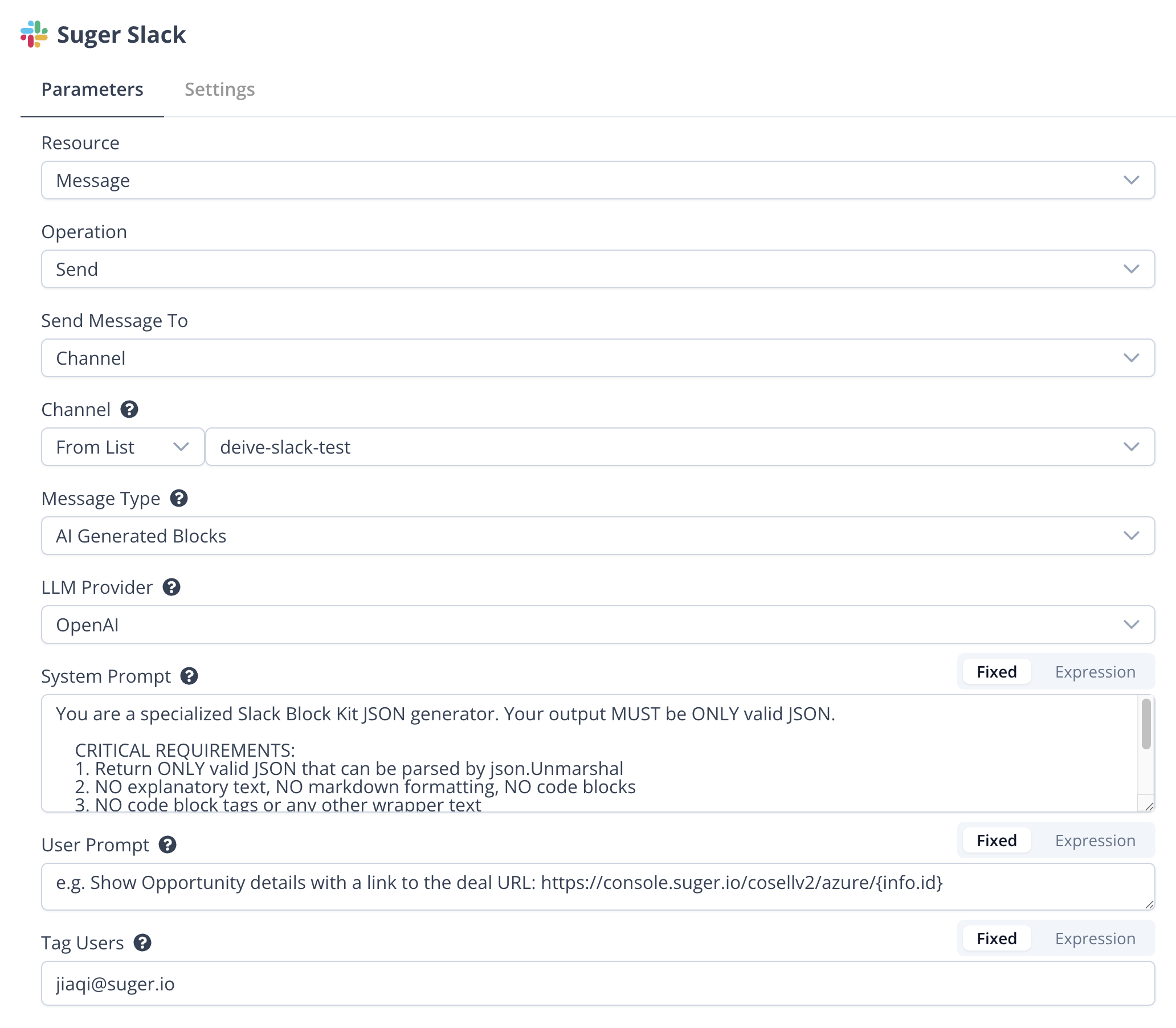 AI Generated Blocks parameters in the Fours Slack node