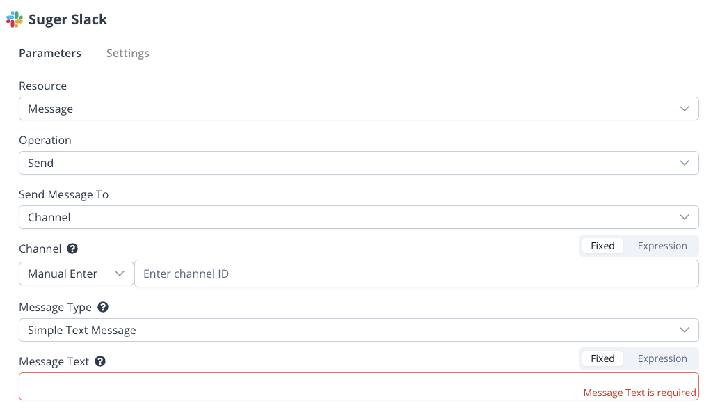 Message resource parameters in the Fours Slack node